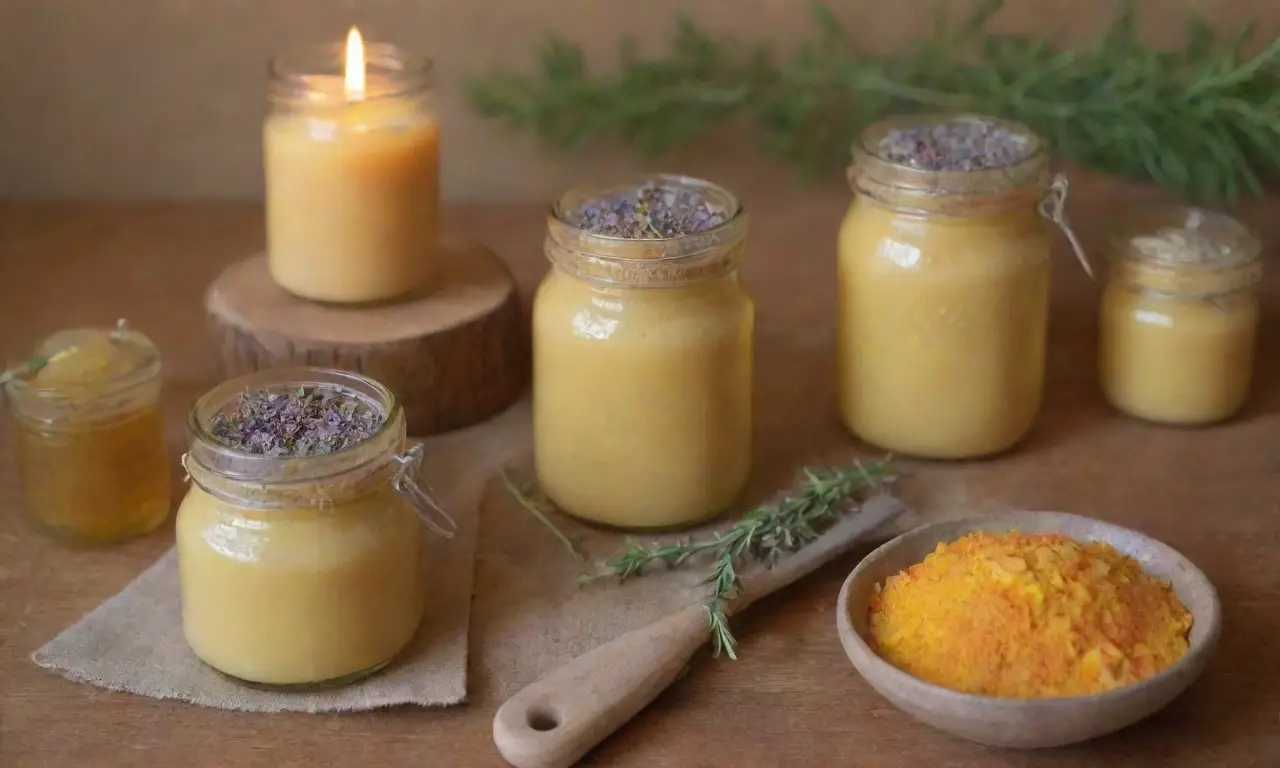 Colores suaves, frascos de vidrio, hojas verdes, cucharitas de madera, bloques de cera, aceites ámbar, etiquetas elegantes, lavanda fresca, cáscaras de cítricos, luz de velas, mesa rústica, hierbas secas, mortero y mano, gotas de aceites esenciales, flores de manzanilla, tazones de barro, ramitas de romero, humo suave, tela de punto, infusiones herbales, bálsamo suave, miel dorada, hojas de eucalipto, pétalos de caléndula, menta sutil, atmósfera tranquila, patrones naturales, mezcla armoniosa de aromas y calidez acogedora