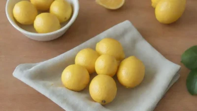 Limoncillos amarillos y frescos en una mesa de madera