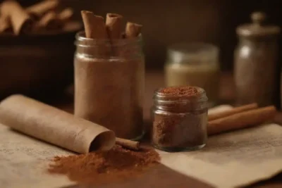Pergaminos antiguos y jarras de especia que representan el comercio histórico de canela a través de diversas culturas.