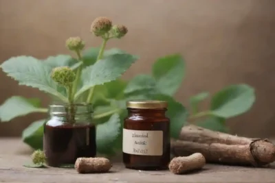Planta Burdock exhibida junto con remedios herbarios tradicionales y suplementos modernos.