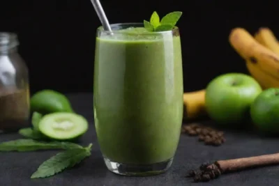 Un batido desintoxicante verde vibrante en un vaso rodeado de pimienta negra y ingredientes frescos.