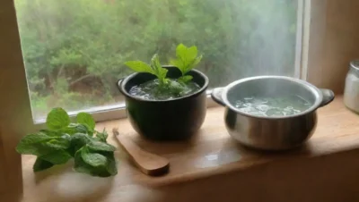 Un acogedor entorno de cocina con hojas de menta frescas y una infusión aromática lista para disfrutar