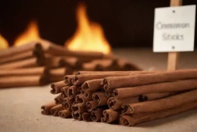 Un montón de palos de canela junto a un signo de advertencia y un individuo cuestionado.