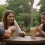 Una escena tranquila de amigos disfrutando de bebidas kava en un ambiente relajado al aire libre.