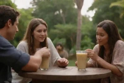 Una escena tranquila de amigos disfrutando de bebidas kava en un ambiente relajado al aire libre.