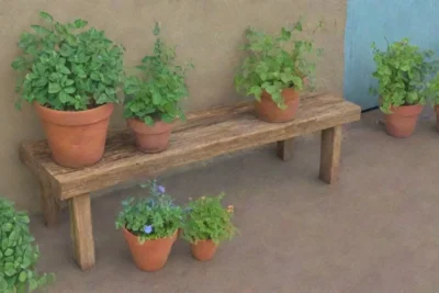 Un acogedor rincón de jardín lleno de plantas vibrantes y herramientas