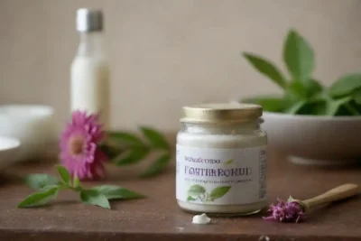 Ingredientes y pasos de preparación para pasta de dientes natural con monarda mostrado en una encimera.