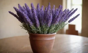 Una pieza central de mesa hermosamente dispuesta con lavanda fresca en un jarrón rústico.