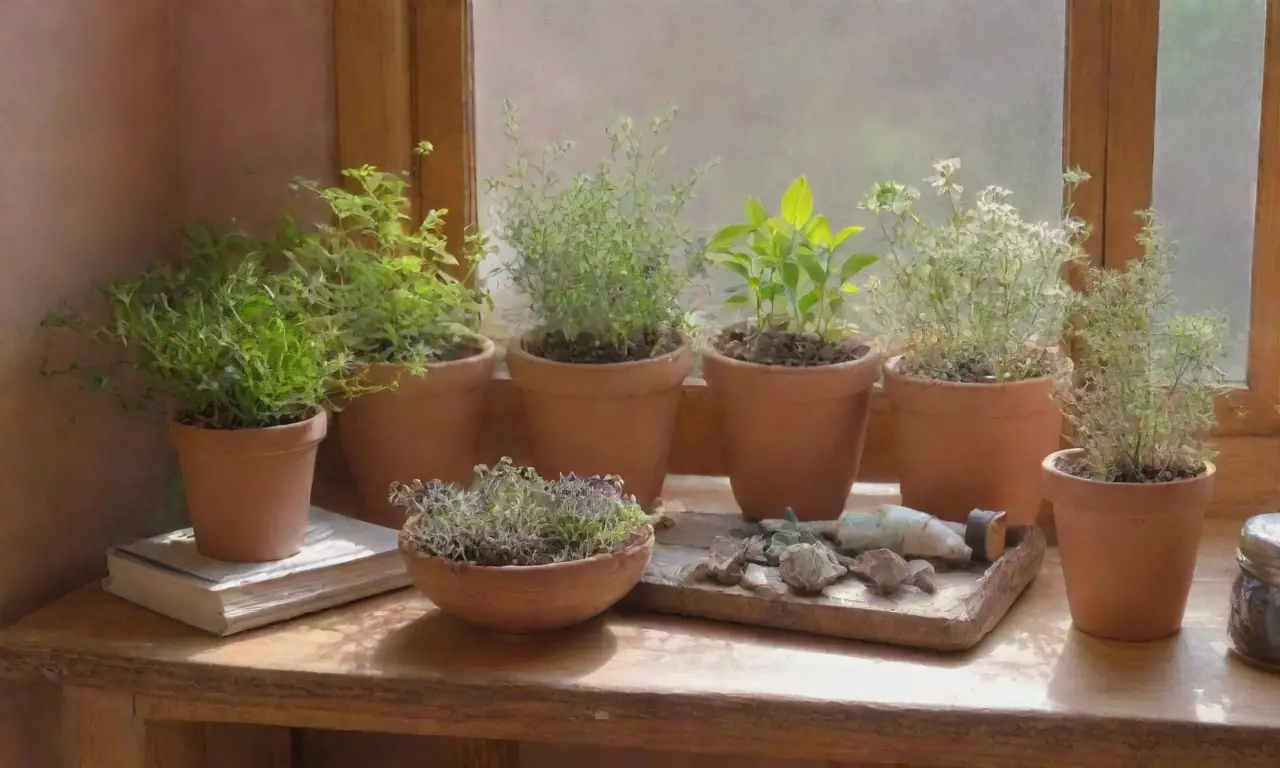 Un rincón sereno lleno de plantas medicinales, tés y notas, bañado en luz natural