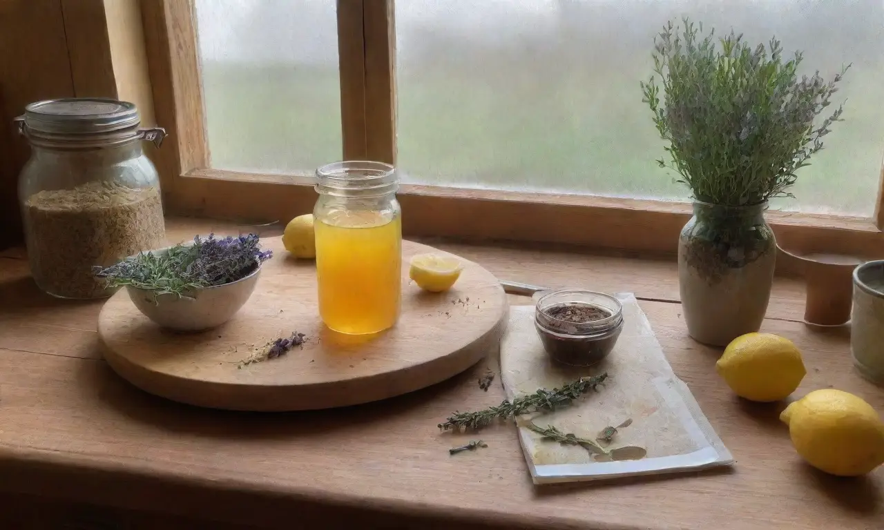 Una mesa rústica con hierbas frescas, aceites, miel y una atmósfera acogedora