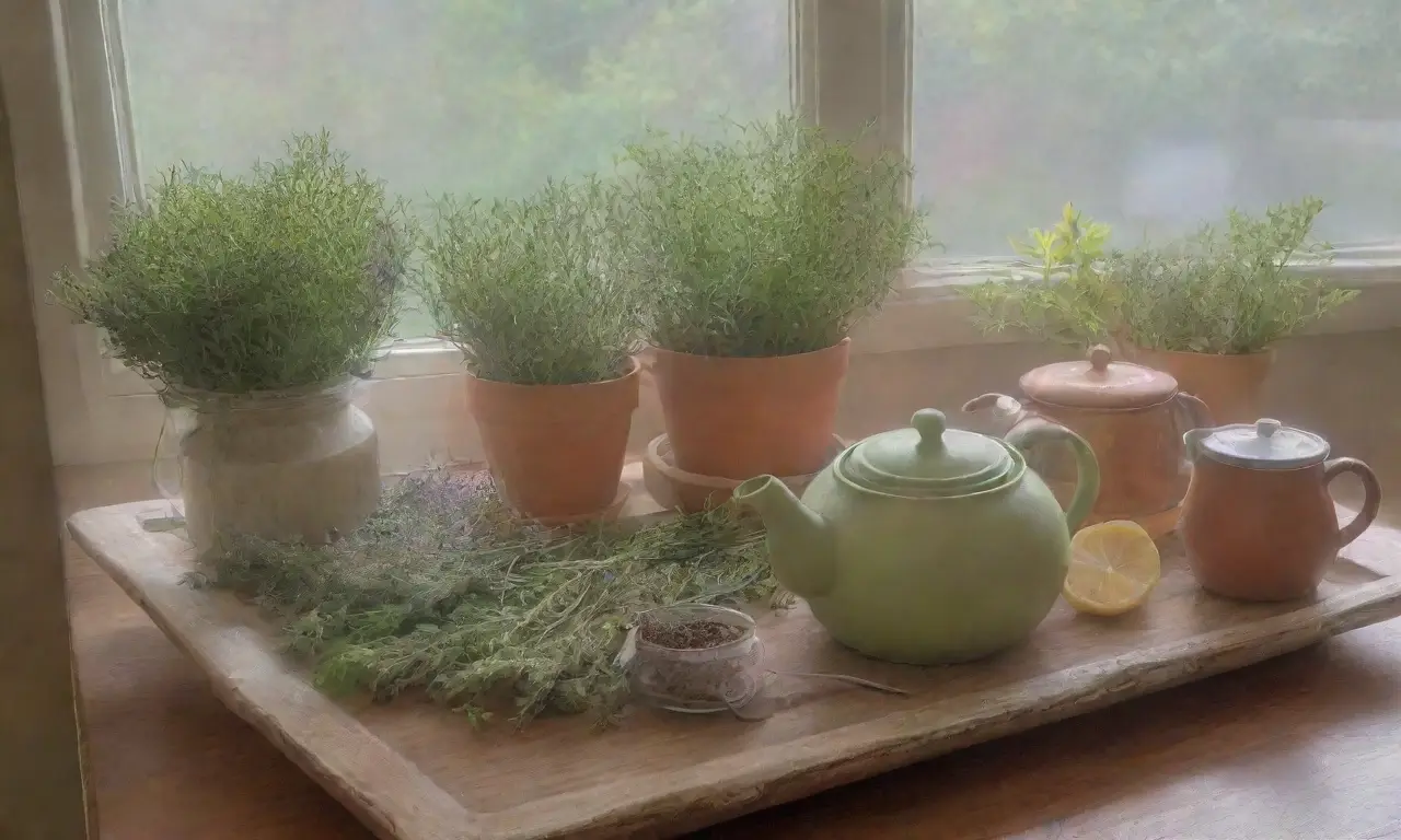 Una cocina vibrante y acogedora, llena de hierbas frescas, flores secas y aromas de infusiones
