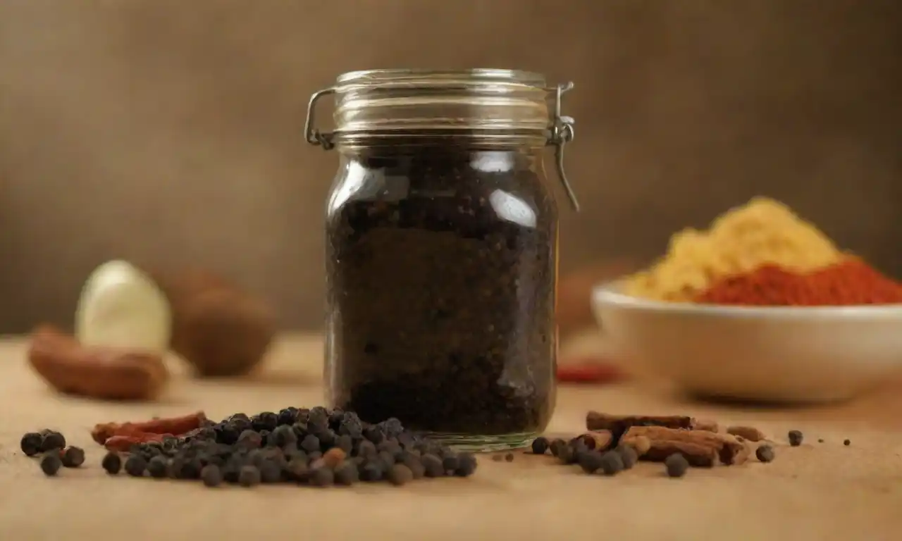 Un frasco de pimienta negra junto a varios platos cocinados y especias en un ambiente de cocina caliente.