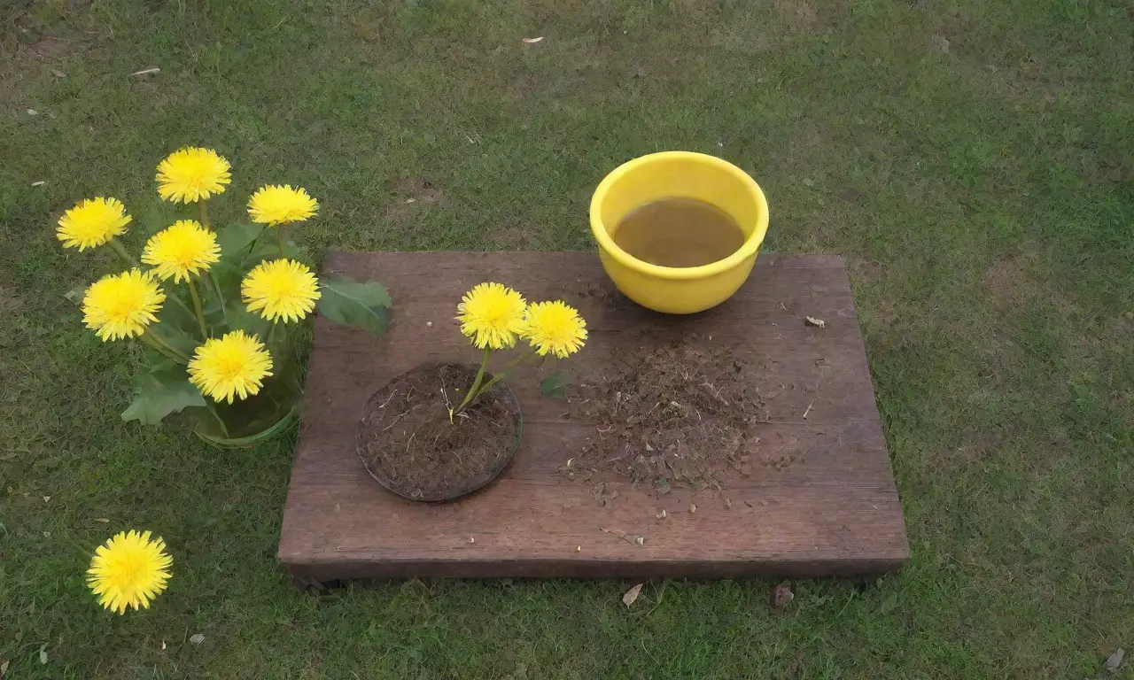 Un arreglo artístico de flores de diente de león, té, ensalada y raíces en un entorno natural