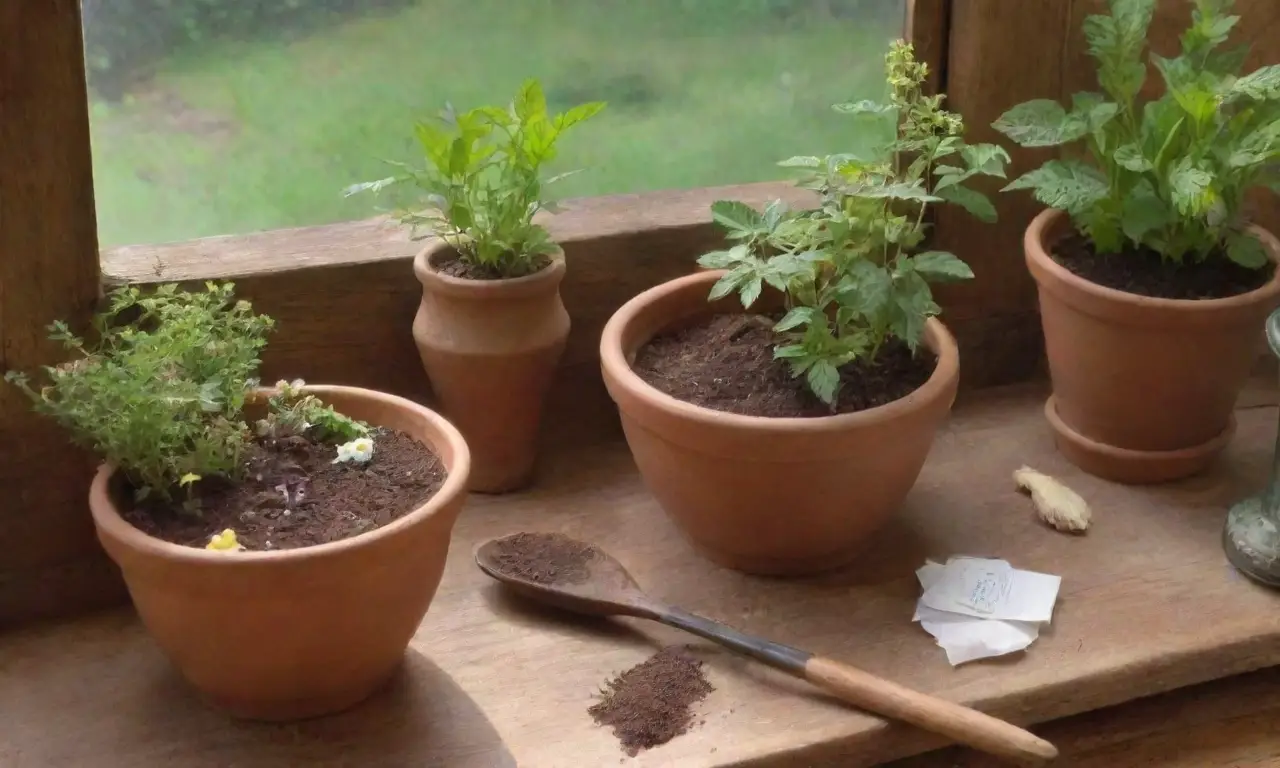 Un rincón acogedor y vibrante para la preparación de hierbas, rodeado de naturaleza y aromas