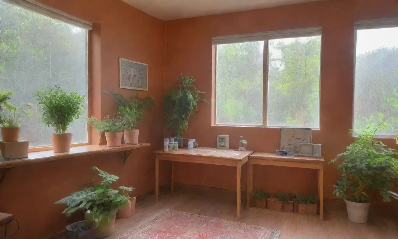 Una clínica serena con luz natural, plantas verdes, libros de hierbas y un ambiente acogedor