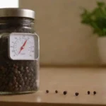 Pimienta negra almacenada en un recipiente hermético en un mostrador de cocina