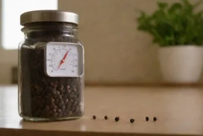 Pimienta negra almacenada en un recipiente hermético en un mostrador de cocina