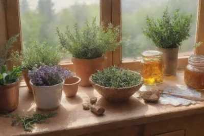 Un colorido y aromático despliegue de hierbas y flores frescas sobre una mesa de madera