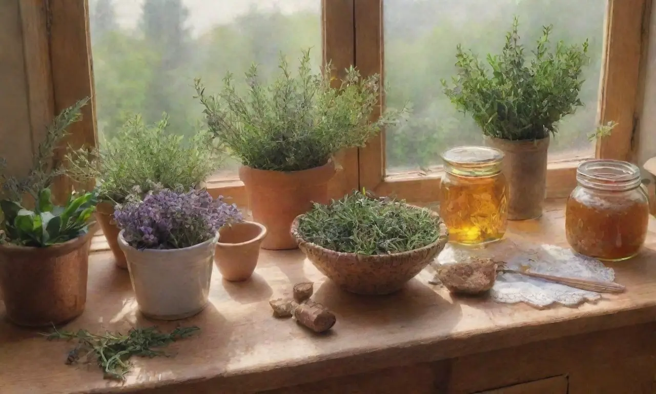 Un colorido y aromático despliegue de hierbas y flores frescas sobre una mesa de madera