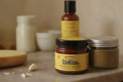 Ingredientes y instrucciones paso a paso para hacer que el ungüento de Pimpinela se muestre en un mostrador de cocina.