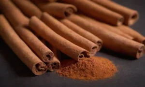 Productos de belleza fusionados con canelas dispuestos junto con palos de canela frescas y piel.