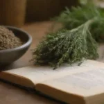 Un montón de hierbas Milenrama frescas y secas exhibidas junto a un libro de cocina en un entorno de cocina.
