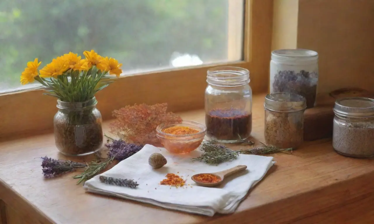 Un acogedor espacio de trabajo en una cocina con hojas verdes, frascos de vidrio, hierbas frescas y un ambiente natural