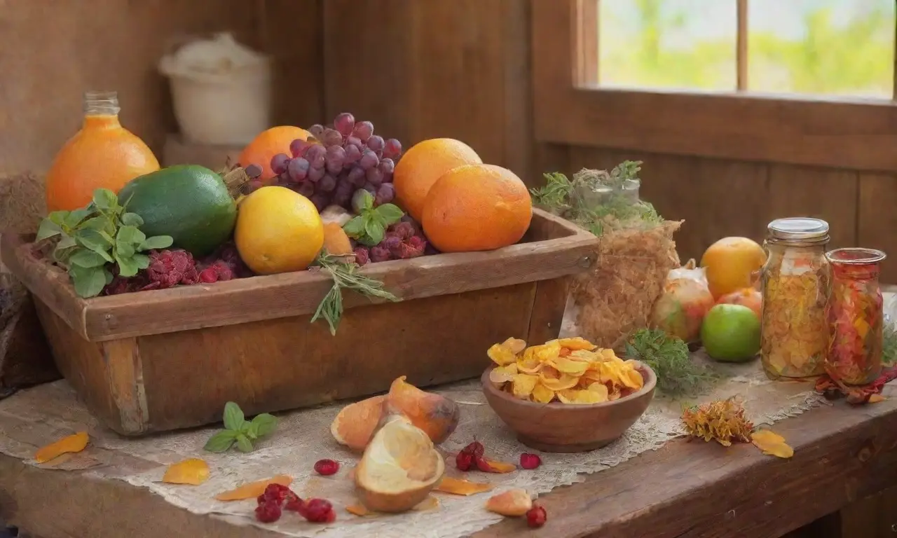 Un acogedor ambiente de cocina muestra coloridas cáscaras de frutas y hierbas en un entorno rústico