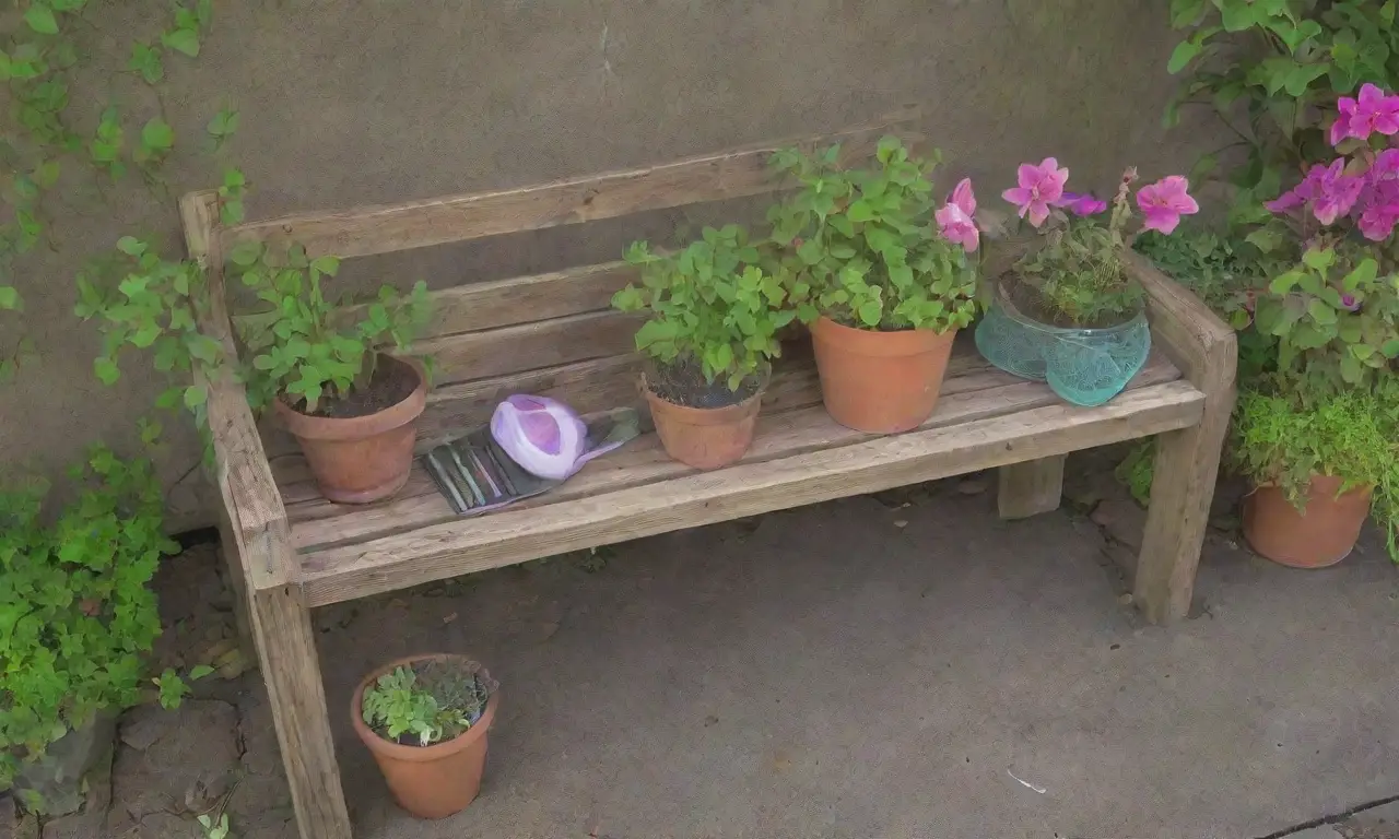 Un jardín vibrante y acogedor lleno de plantas, herramientas y naturaleza