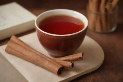 Una taza caliente de té de canela rodeada de palos de canela y un plato de beneficios.