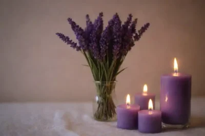 Ramo de lavanda junto a velas y un ambiente sereno