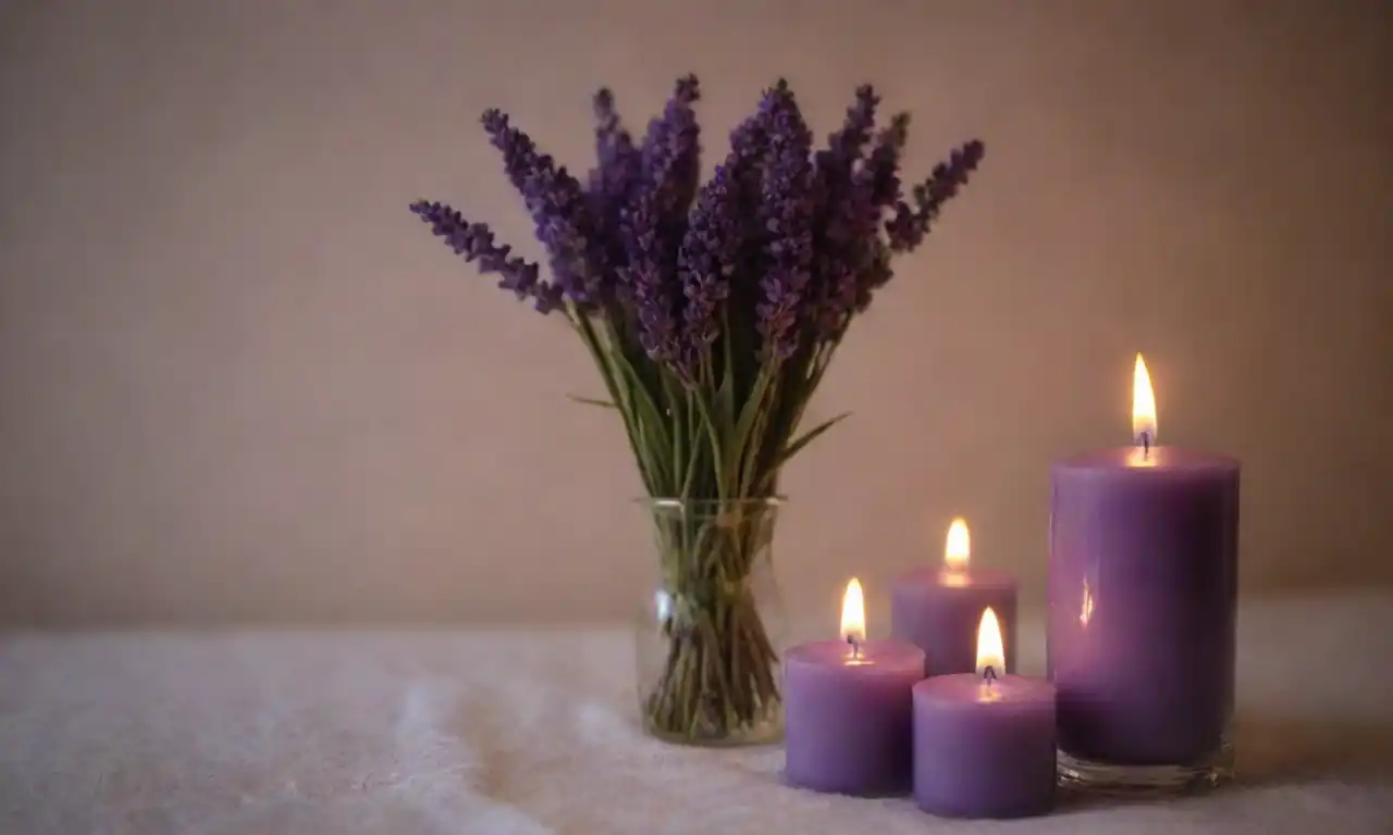 Ramo de lavanda junto a velas y un ambiente sereno