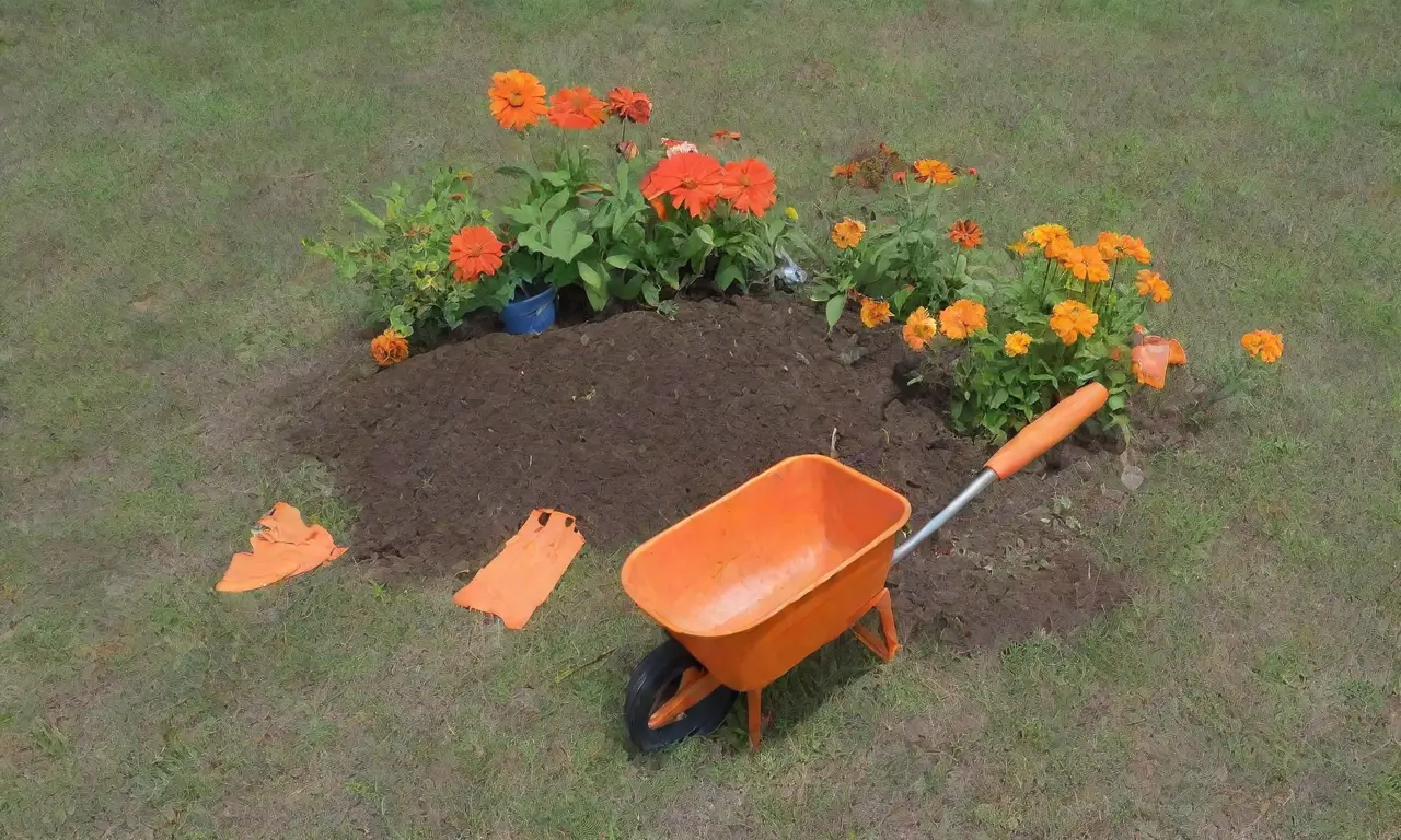 Un jardín vibrante lleno de herramientas, semillas y flores bajo un cielo azul