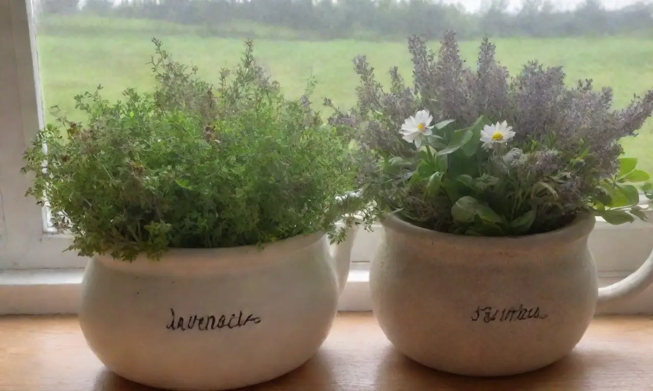 Un acogedor rincón de cocina lleno de hierbas frescas, flores y té humeante