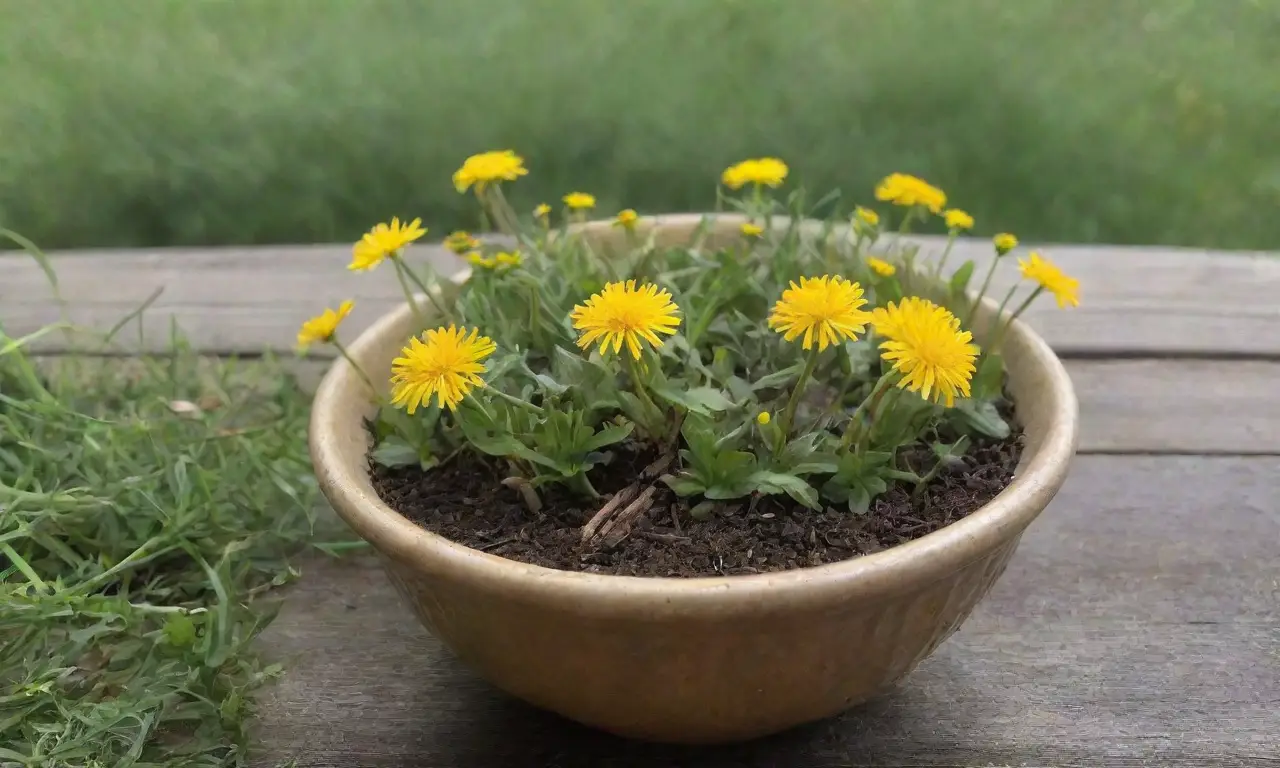 Un jardín vibrante de diente de león con té herbal y un ambiente sereno