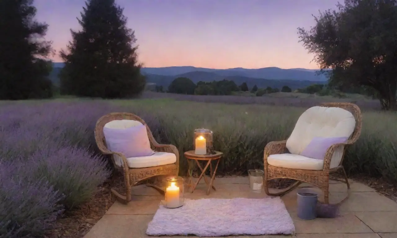Campos de lavanda bajo un atardecer dorado crean una atmósfera de paz y serenidad