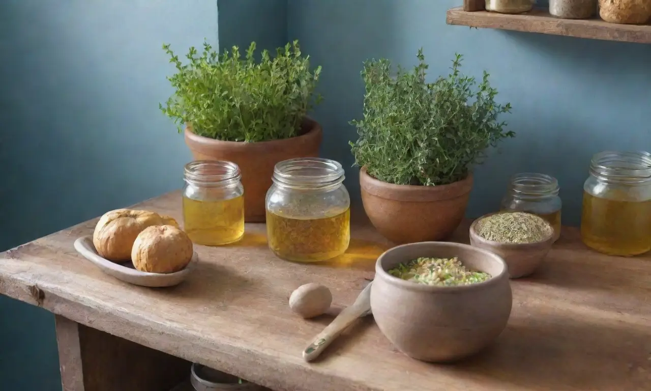 Un acogedor rincón de cocina rústica lleno de hierbas frescas, flores vibrantes y aromas naturales