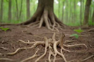 Comparación de raíces ginseng cultivadas y ginseng silvestre en un entorno natural.