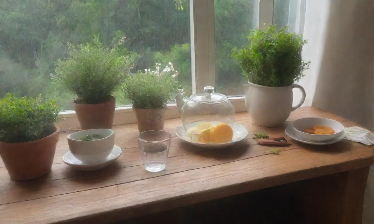 Una cocina serena y acogedora, iluminada por el sol, llena de hierbas frescas y aromas invitantes para preparar té
