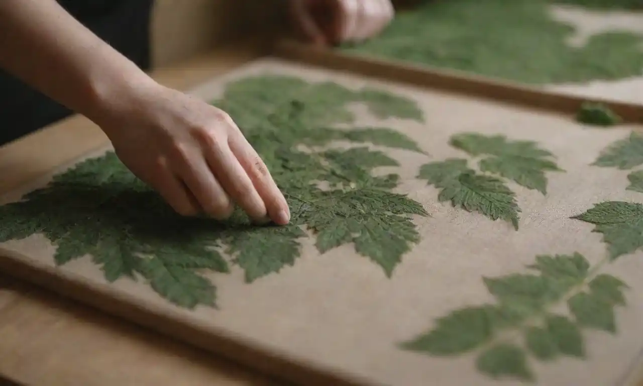Artista usando nettles para crear obras de arte textura sobre lienzo.