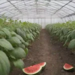 Un invernadero lleno de prósperas plantas de sandía bajo iluminación óptima.