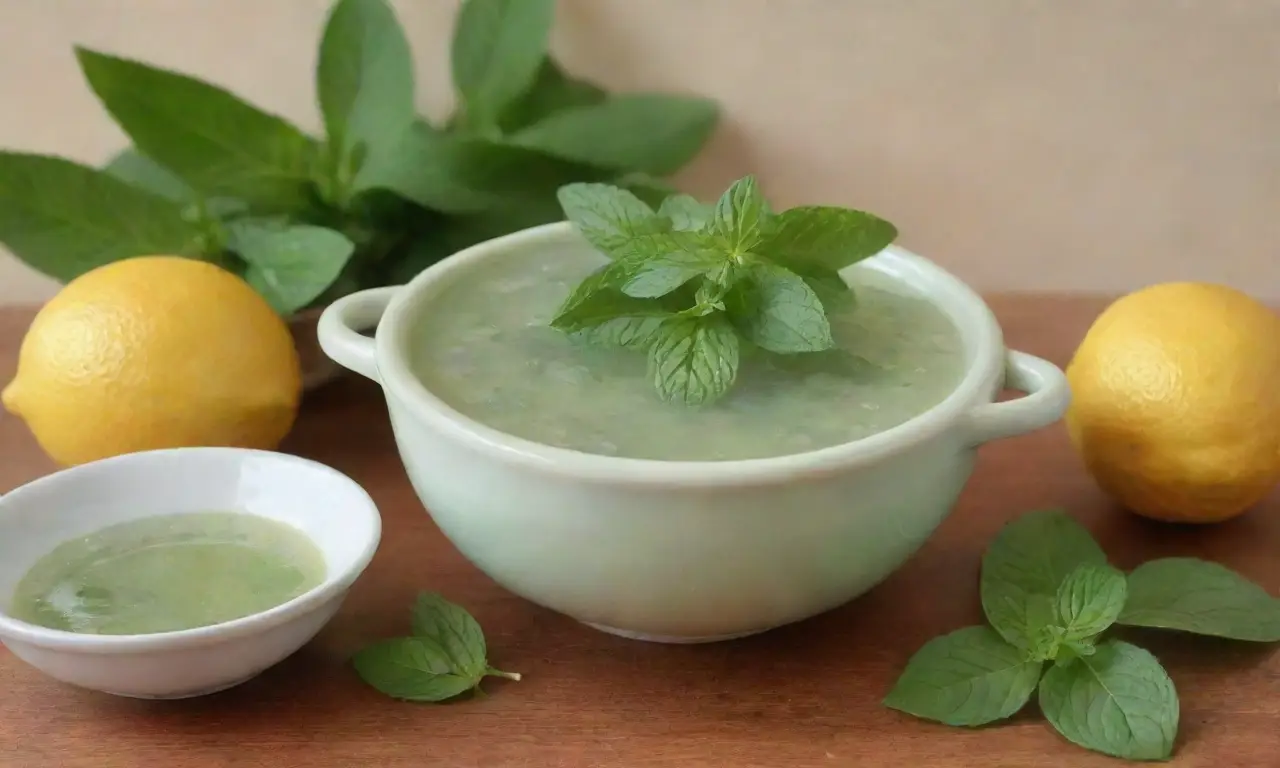 Un acogedor ambiente de cocina con fondo verde, hojas de menta, agua, té humeante, limón y miel