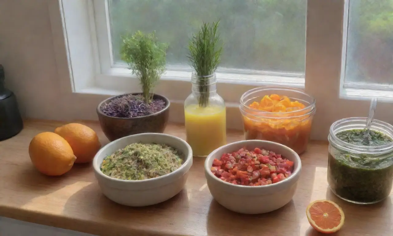 Escena de cocina vibrante con hierbas frescas, aceites esenciales, y un ambiente acogedor