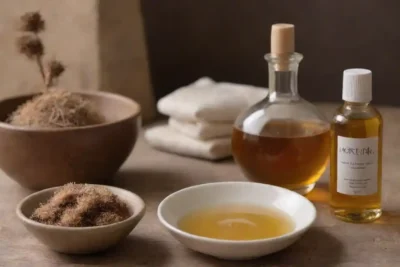 Ingredientes naturales exhibidos junto a un tazón de aceite de raíz de burdock y productos de tratamiento del cabello.
