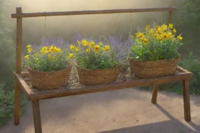Un jardín soleado lleno de hierbas frescas y flores vibrantes