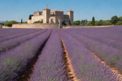 Campos de lavanda Vibrant bajo un cielo azul