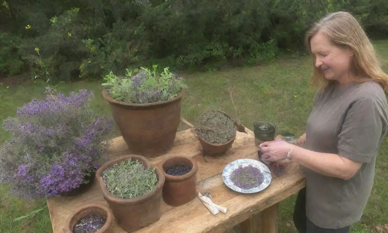 Un sereno jardín con hierbas, flores y una pareja en un ambiente acogedor