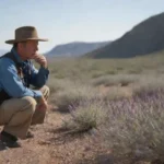 Un explorador que observa e identifica plantas de sabios en un paisaje natural.