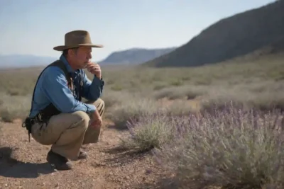 Un explorador que observa e identifica plantas de sabios en un paisaje natural.