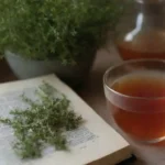 Recetas frescas de tomillo junto al té herbal y un libro de recetas centrado en la salud.